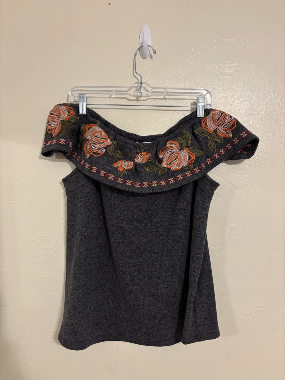 THML XL Embroidered Floral Off Shoulder Knit Top Charcoal Boho